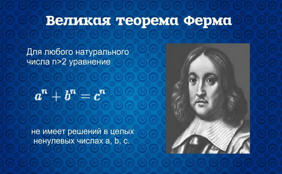 Отже, Велика теорема Ферма (нерідко звана останньої теоремою Ферма), сформульована в 1637 році блискучим французьким математиком П'єром Ферма, дуже проста за своєю суттю і зрозуміла кожній людині із середньою освітою