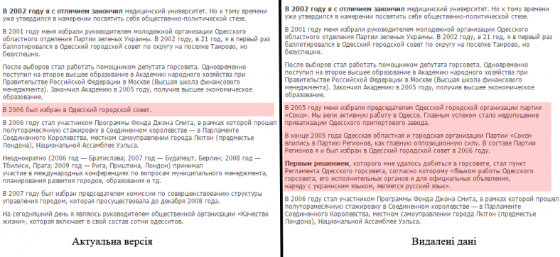 А також згадка про те, що домігся змін в регламенті Одеської міськради, завдяки яким російська мова отримала рівні права з українським