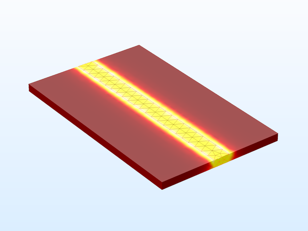 Розподіл електричного поля на поверхні підкладки і візуалізація кінцево-елементного розбиття мікрополоскової лінії