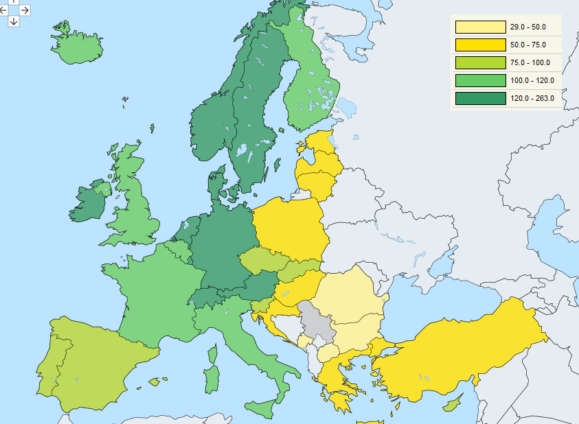 ВВП країни ЄС на душу населення за паритетом купівельної спроможності, в% від середнього по ЄС
